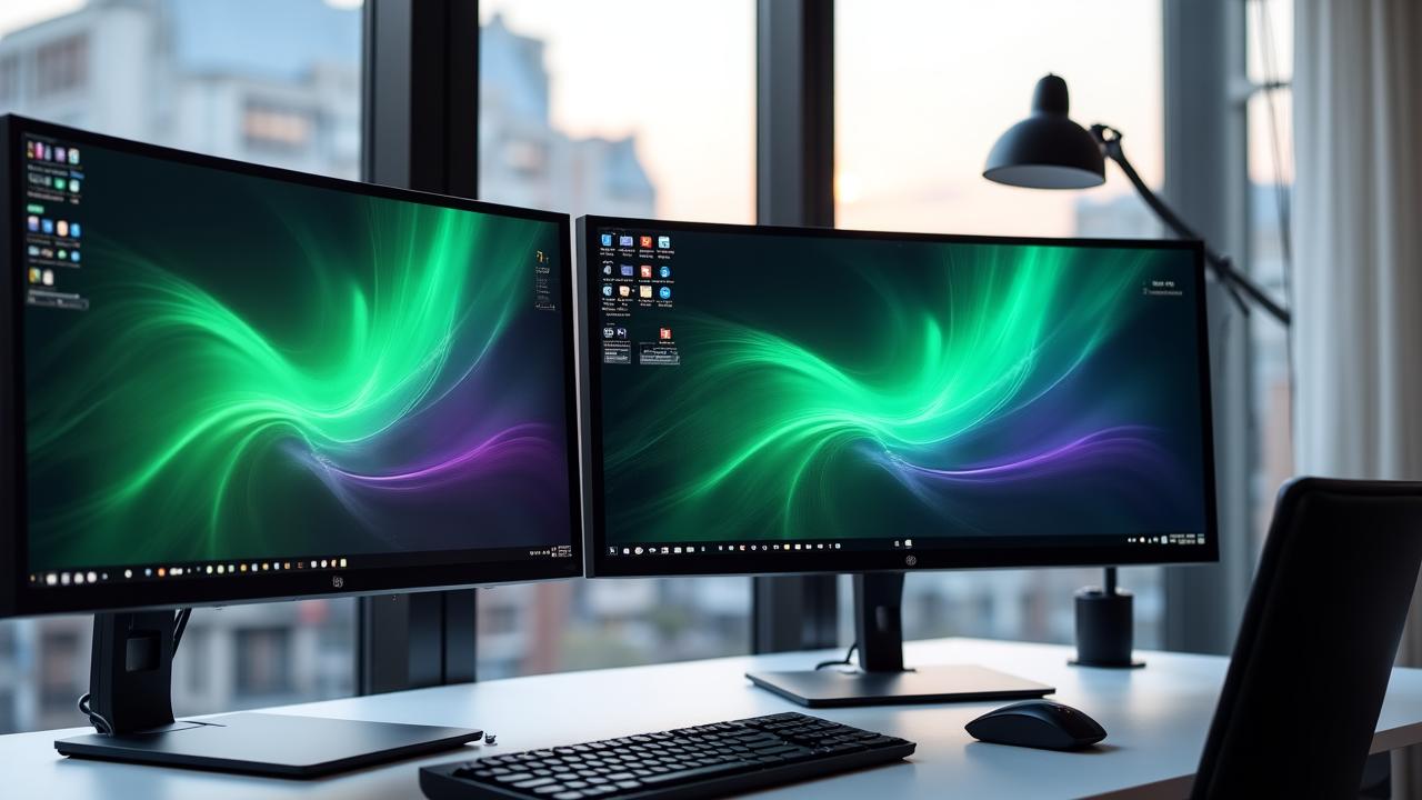 Modern workspace featuring dual monitors with complex UI design prototypes