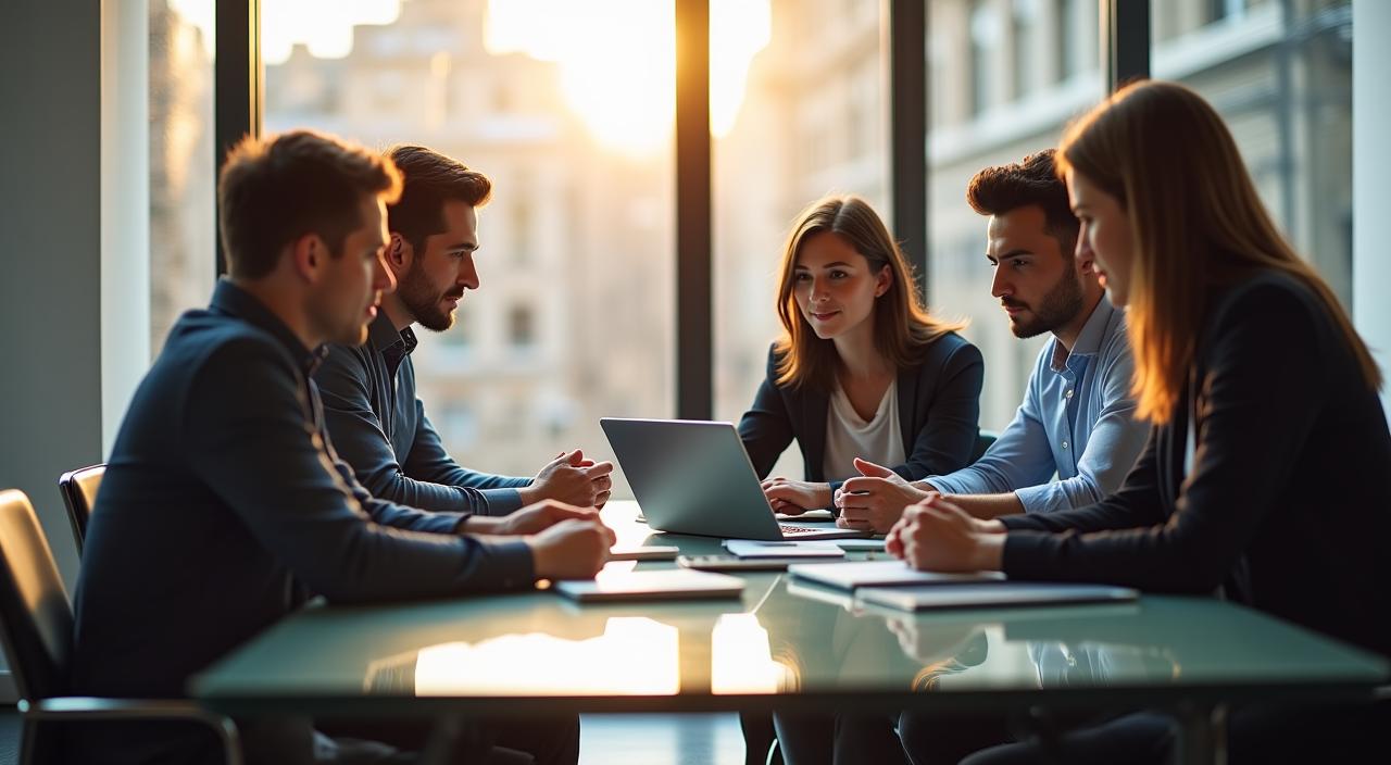 Team of high-level technology consultants collaborating in a modern London office